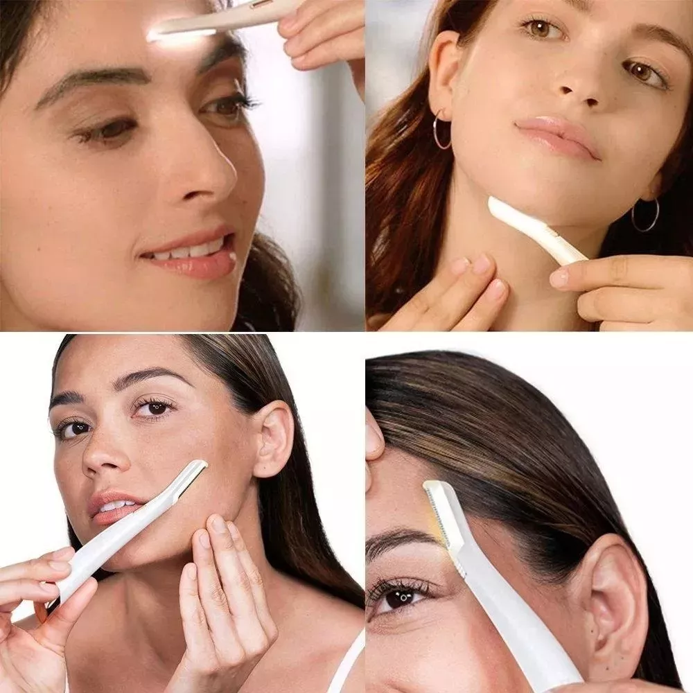 Depilador facial blanco con luz LED, ideal para cejas, bigote y piel, cuatro usos diferentes.