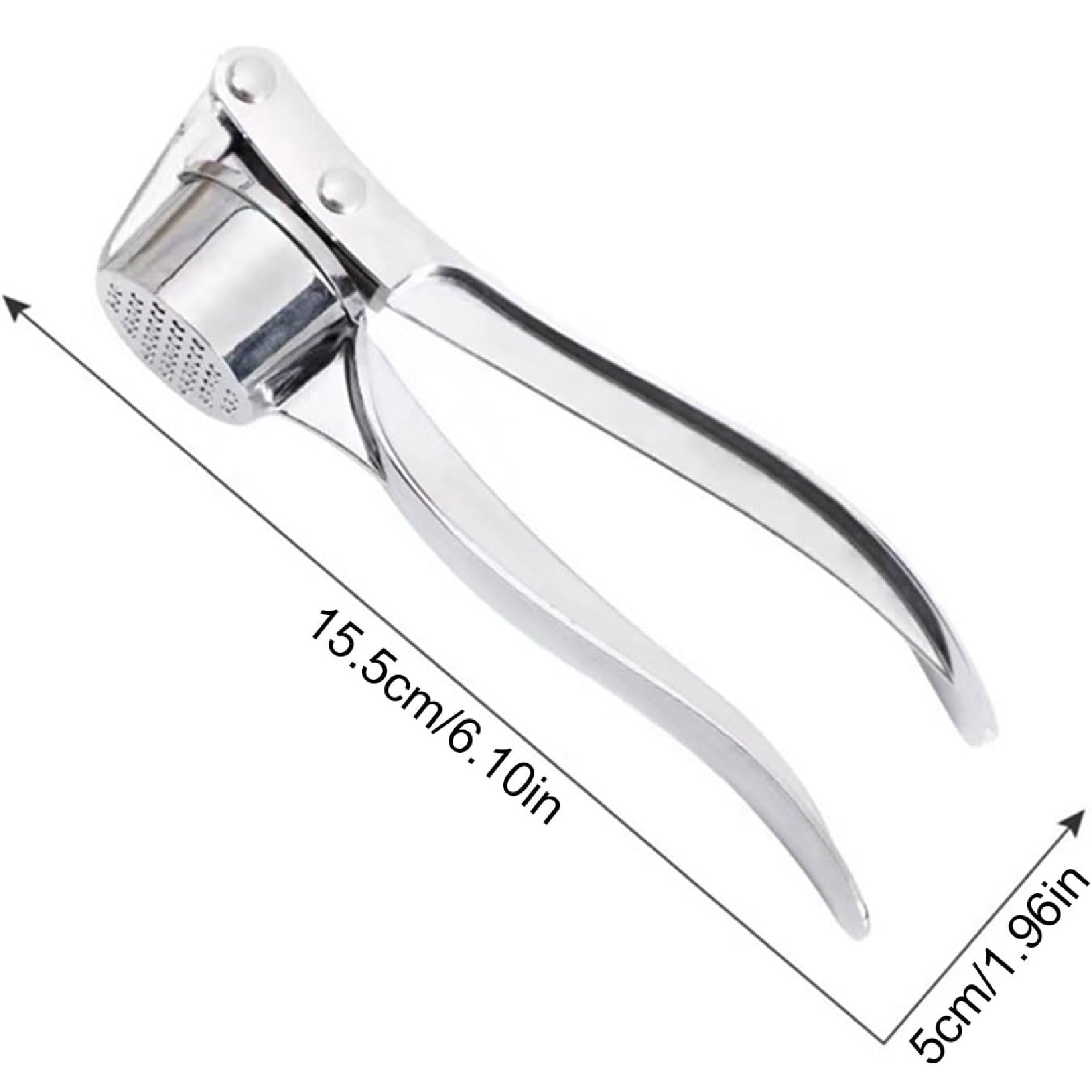 Triturador de ajos plateado de metal con medidas 15.5cm y 5cm.