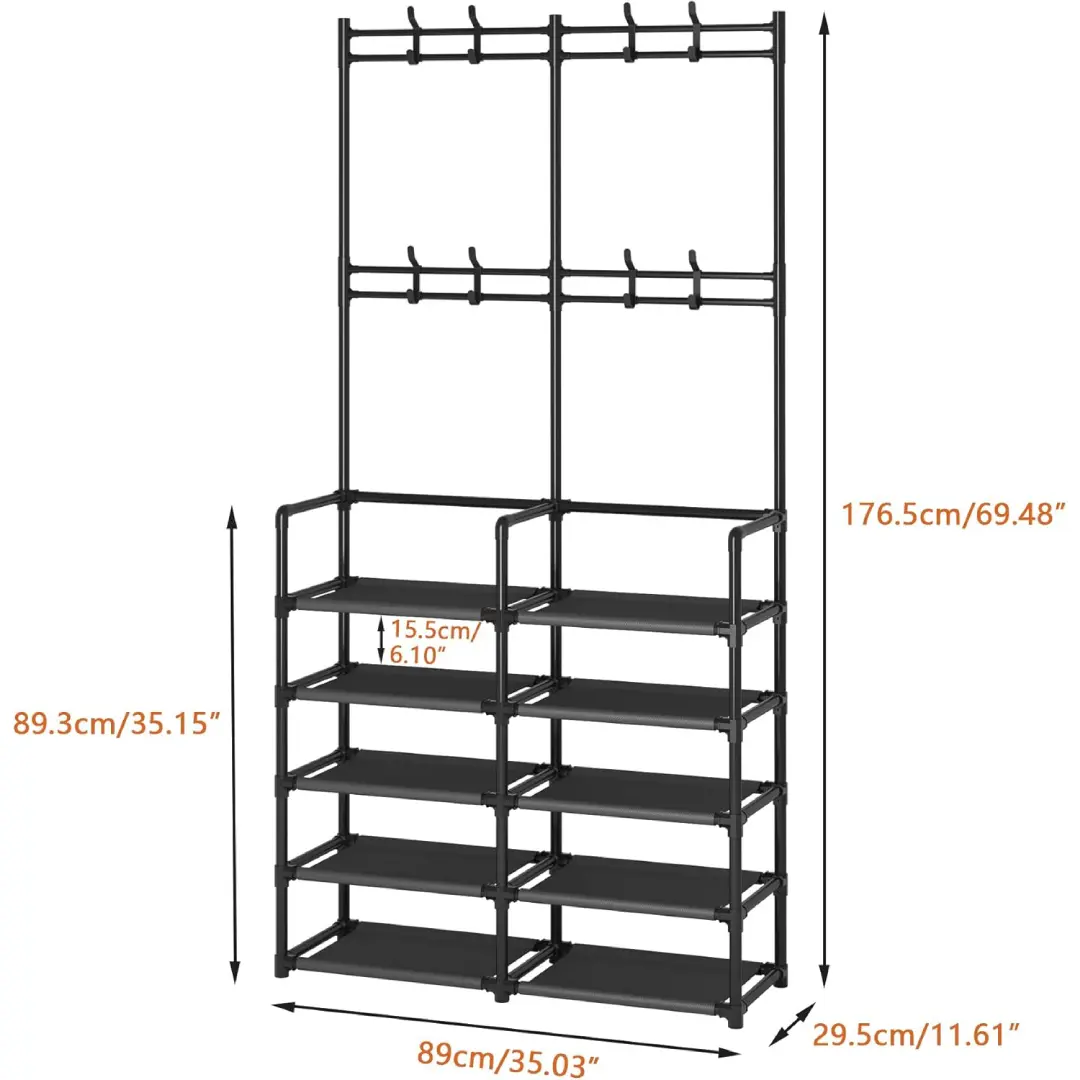 Perchero zapatero doble negro 5 niveles, 89.3cm alto, 89cm ancho, ideal para organizar ropa y calzado.