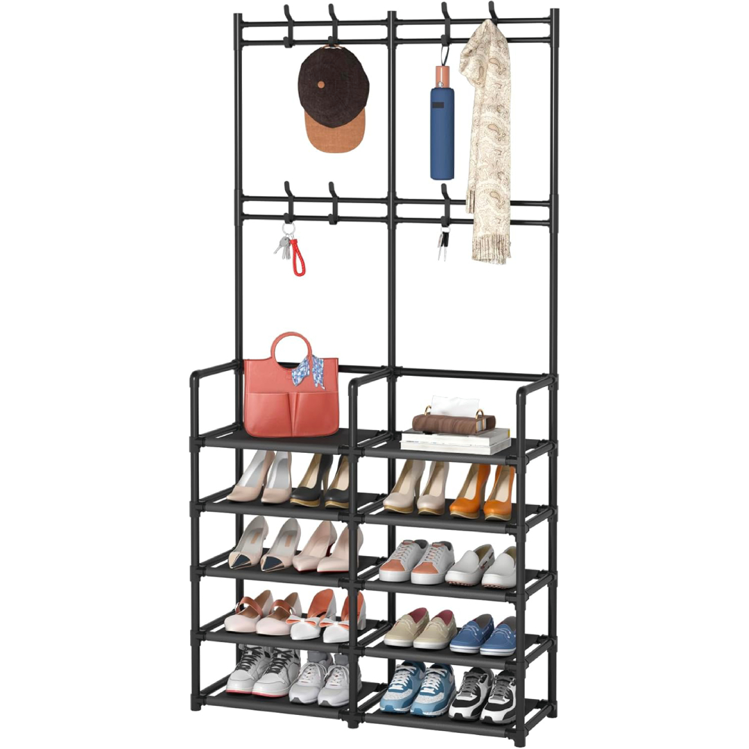 Perchero zapatero doble negro con 5 niveles para organizar zapatos, bolsos y accesorios como gorras y bufandas.