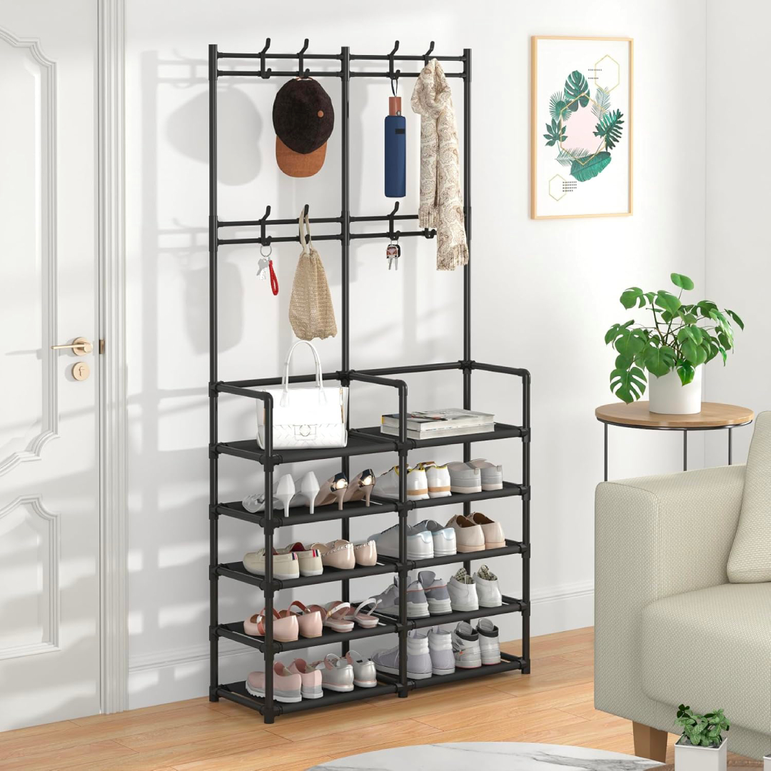 Perchero organizador negro con 5 niveles para zapatos, bolsos y sombreros, ideal para entradas.