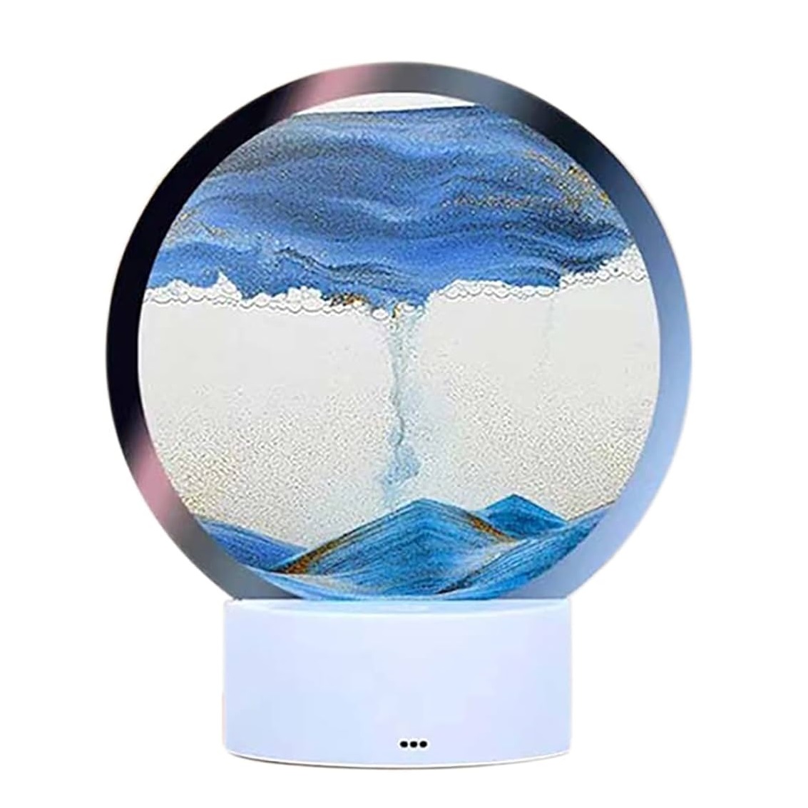 Lámpara 3D de arena movediza azul con luz RGB, base blanca táctil, decorativa y relajante.