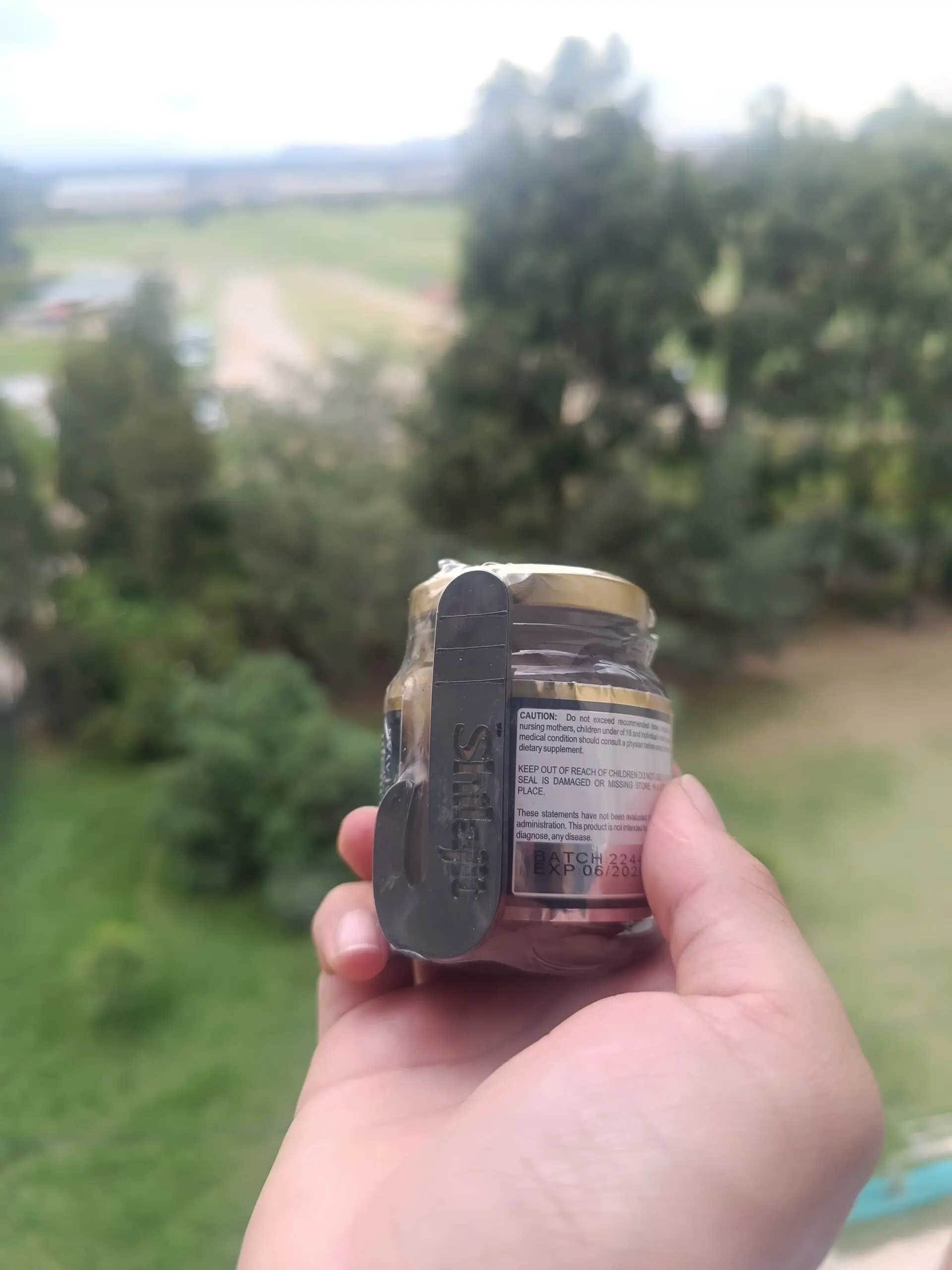 Resina Shilajit del Himalaya en frasco dorado, sellado con etiqueta negra, sostenido en mano con fondo verde.