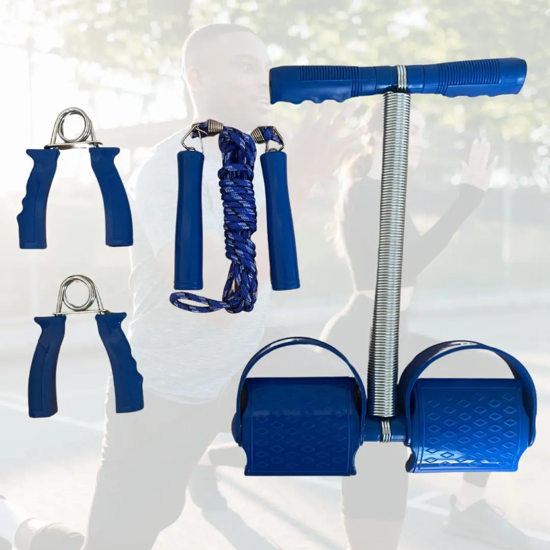 Kit deportivo azul 3 en 1: mancuernas, cuerda de saltar y ejercitador de abdomen con resortes.