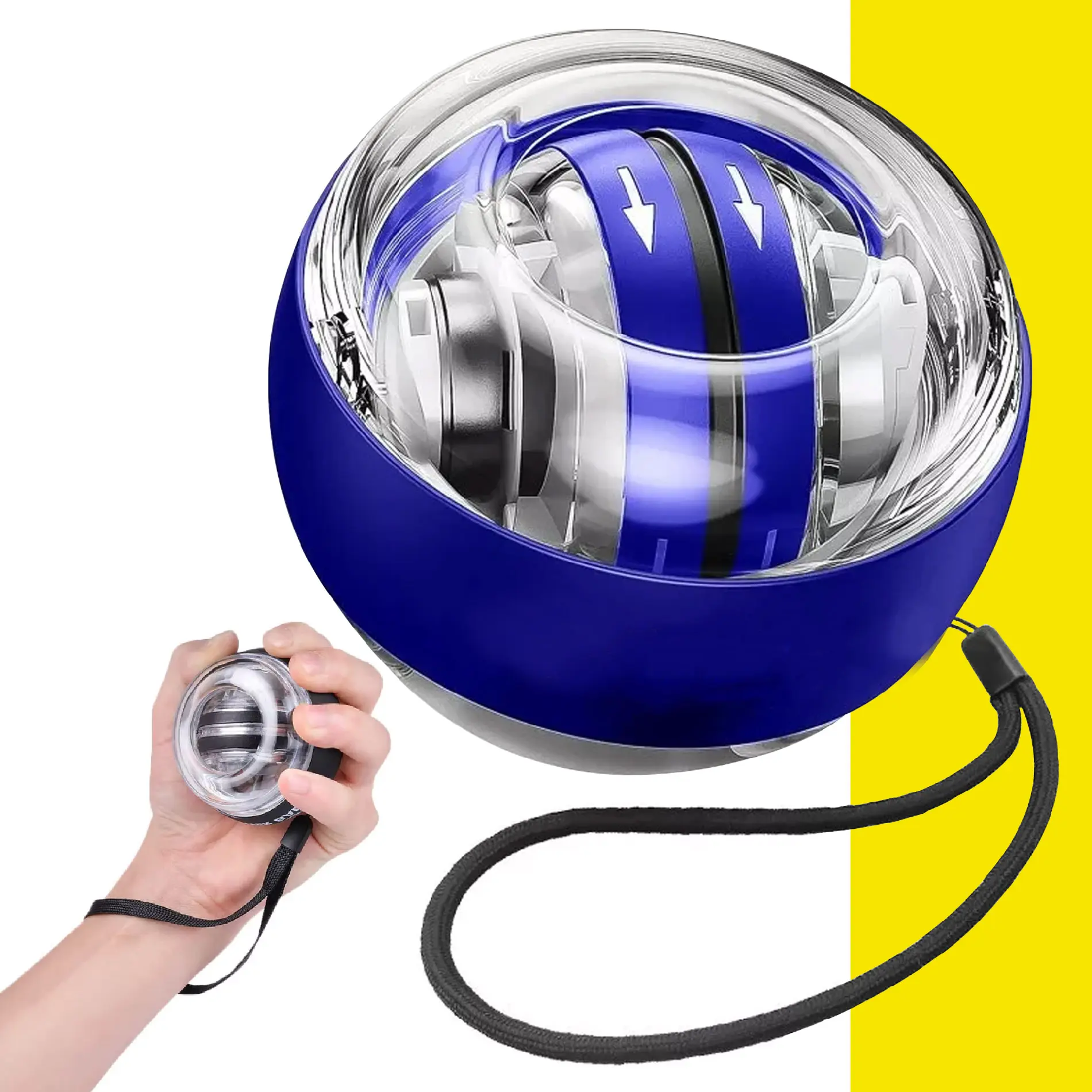 Bola giroscópica azul para fortalecer muñeca, con rotor interno y correa de seguridad, sostenida en mano.