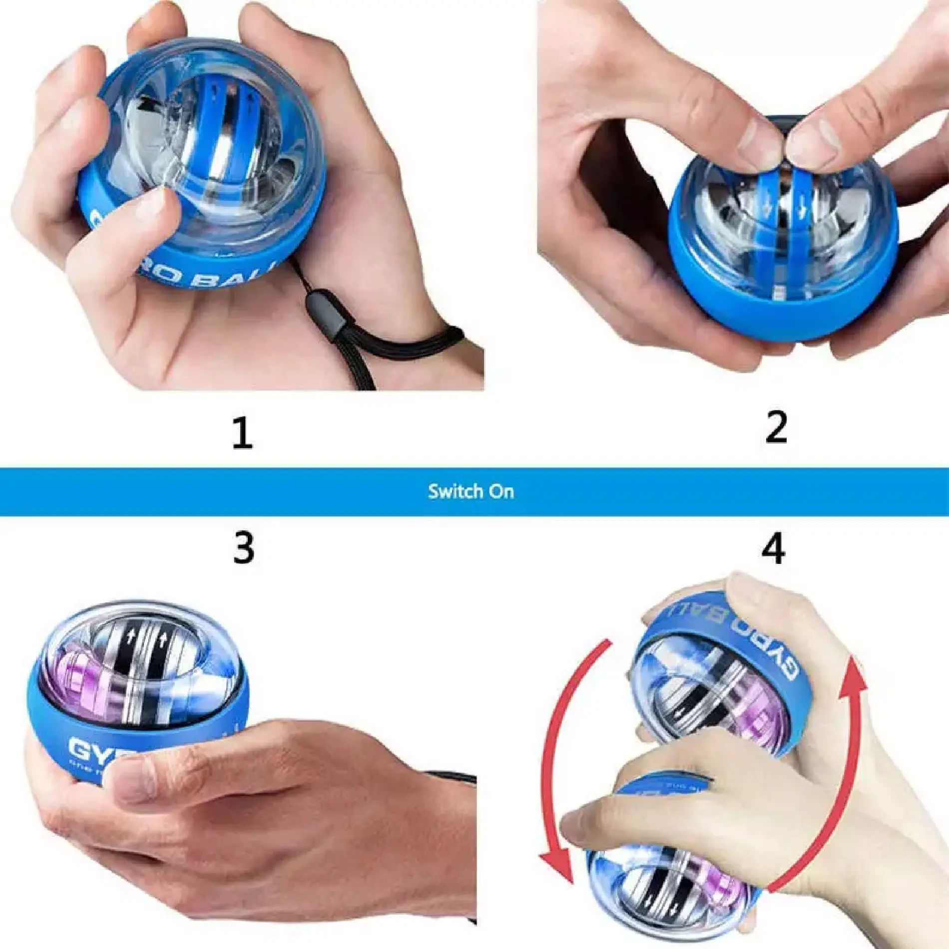 Bola giroscópica azul para fortalecer muñeca y brazo, demostración de uso en 4 pasos.