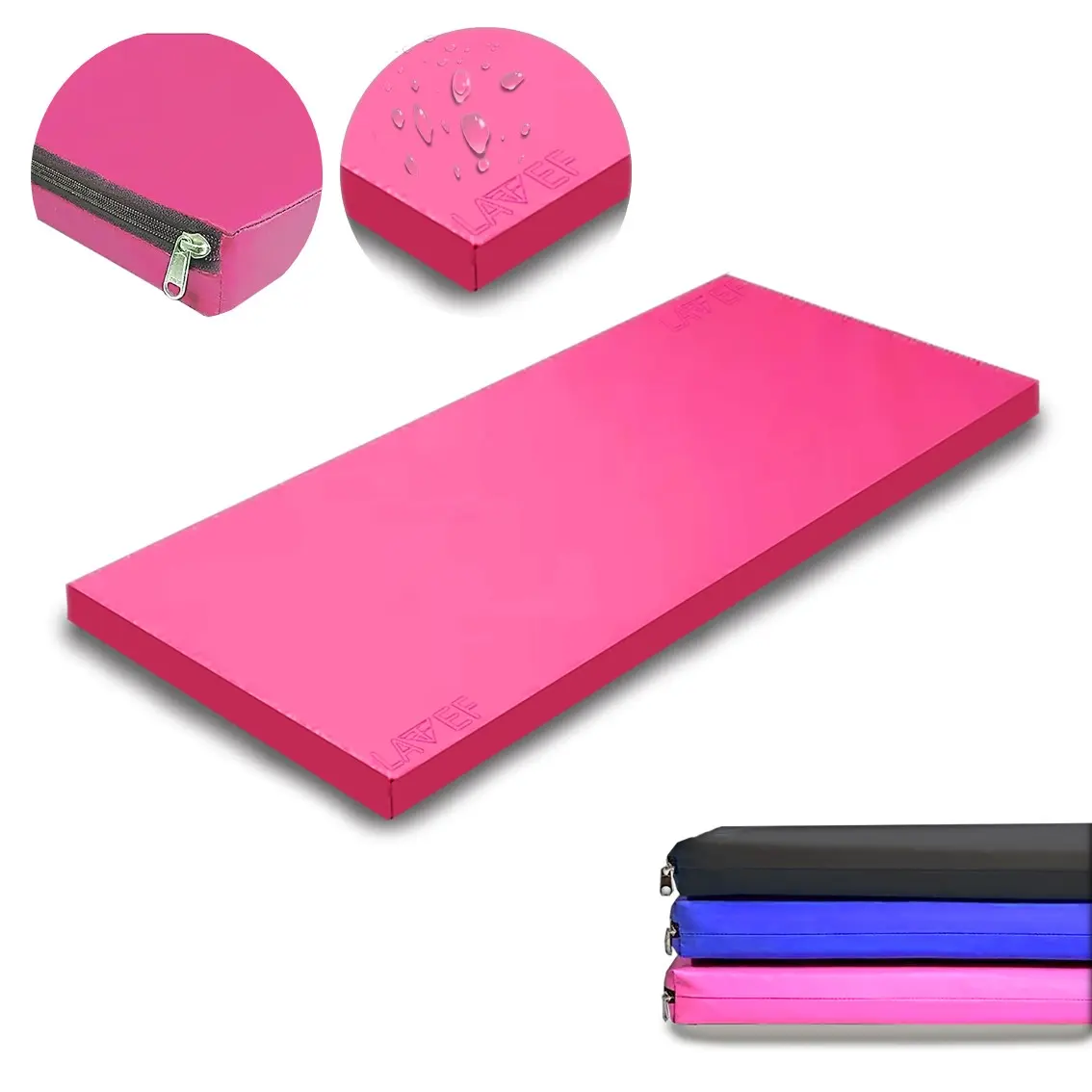 Colchoneta de ejercicio rosa alta densidad Lavef, anti-fluido, con detalles de cremallera y gotas de agua.
