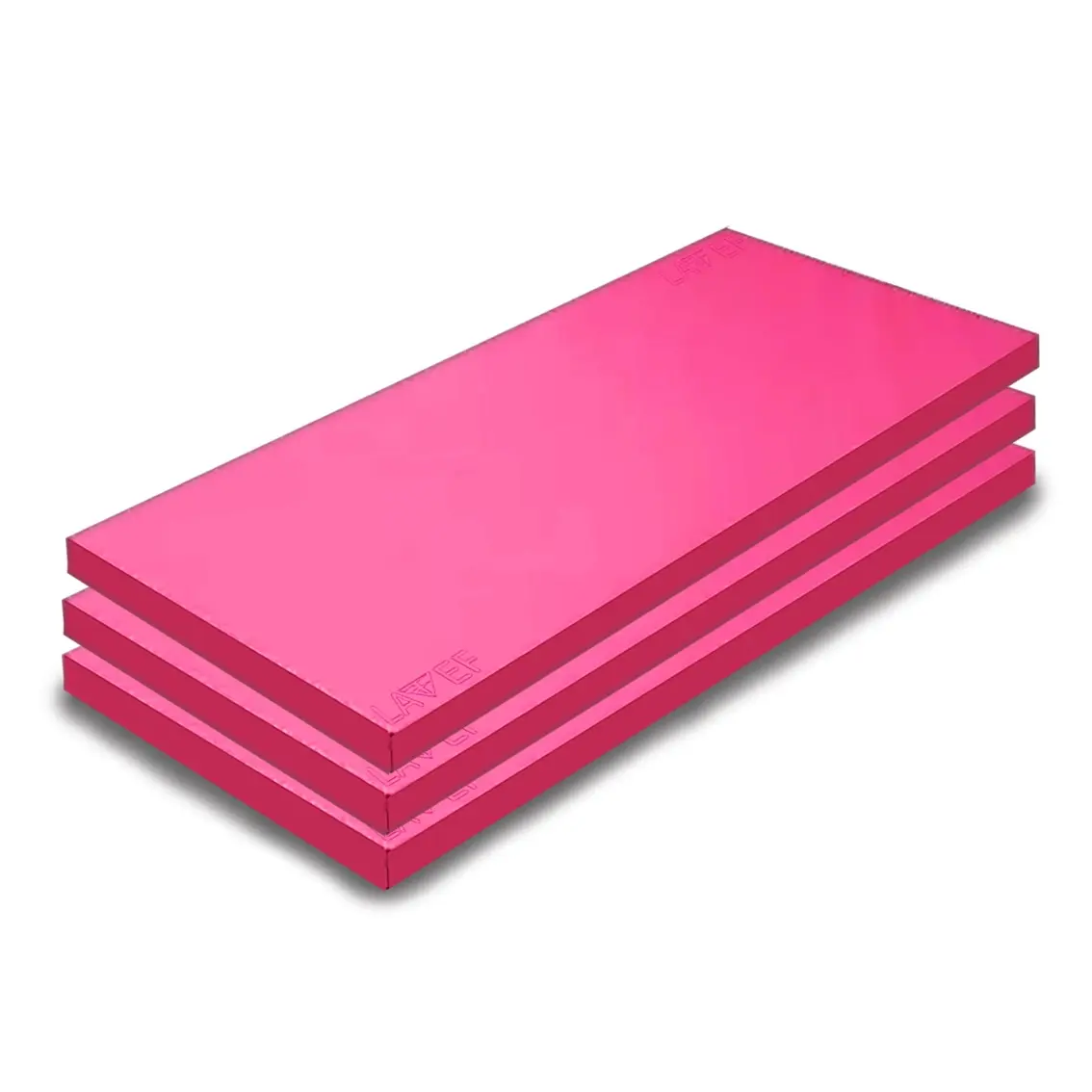Tres colchonetas de ejercicio Lavef color rosa, alta densidad, anti-fluido, apiladas en ángulo.