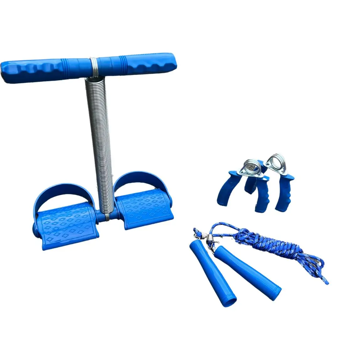 Kit deportivo azul 3 en 1: pedalera, agarres de mano y cuerda de saltar.