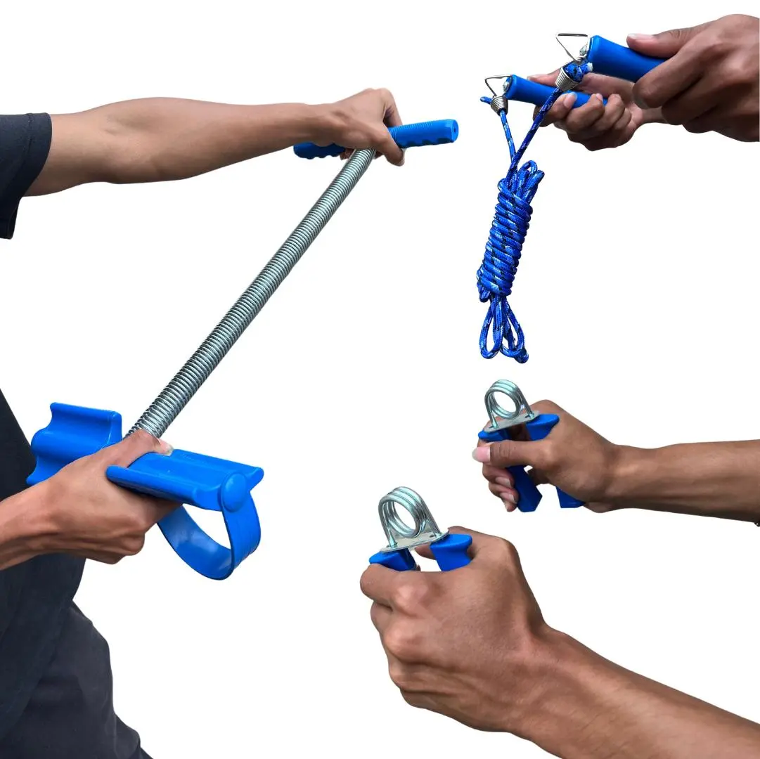 Kit deportivo 3 en 1: barra de resistencia, saltar la cuerda y ejercitadores de agarre, todo azul.
