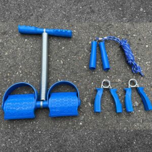 Kit deportivo azul 3 en 1: pedalera, saltar la cuerda y agarres de mano.