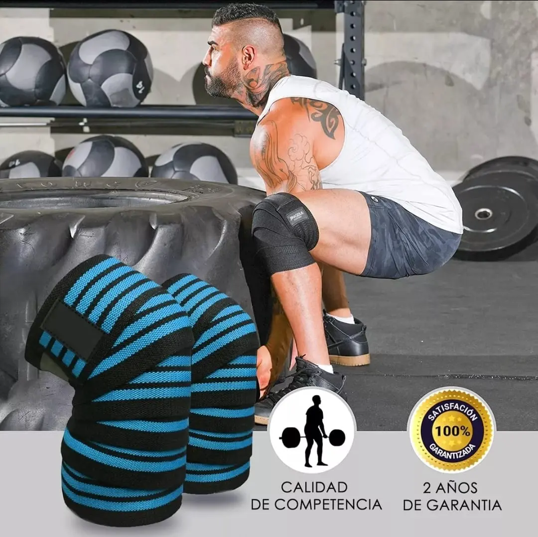 Rodilleras de compresión Gym Sport Lif azul y negro para levantamiento de pesas.
