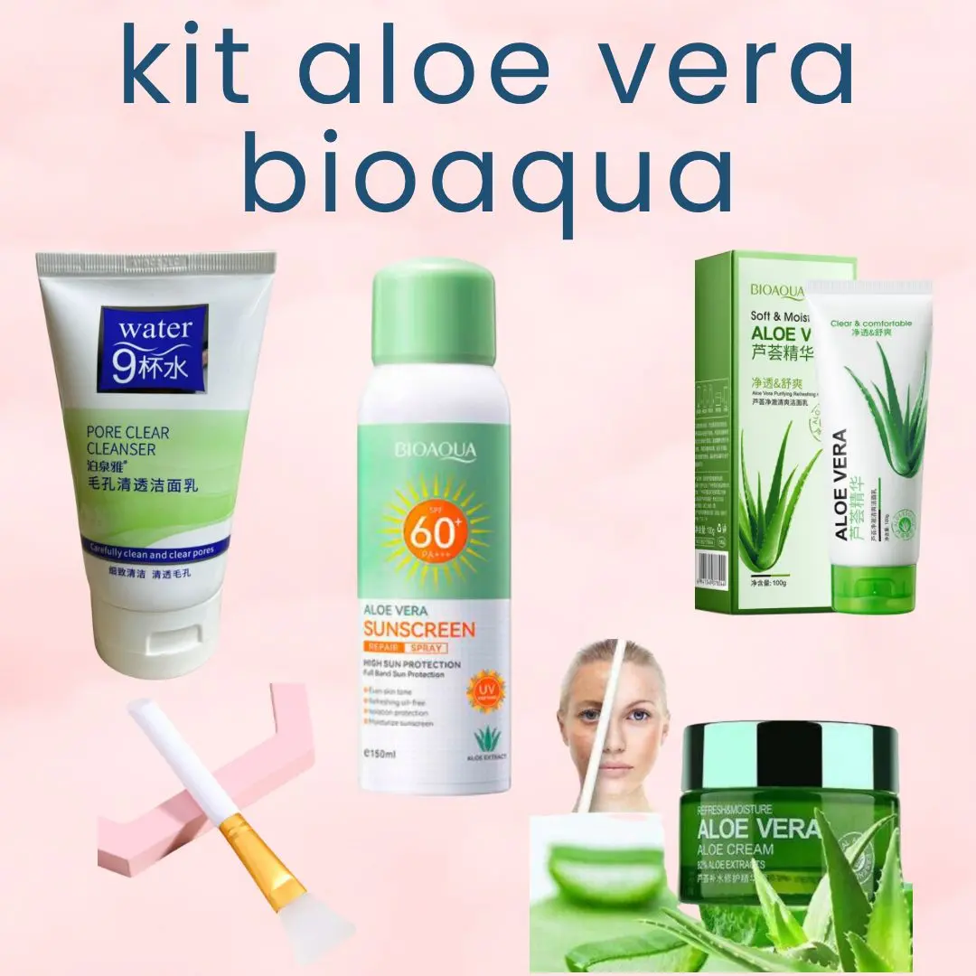 Kit Bioaqua Aloe Vera: limpiador, protector solar en spray, crema y mascarilla facial.