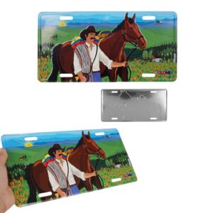 Set x2 Placa decorativa metálica 30x15 cm, diseño vaquero con caballo y paisaje colombiano.