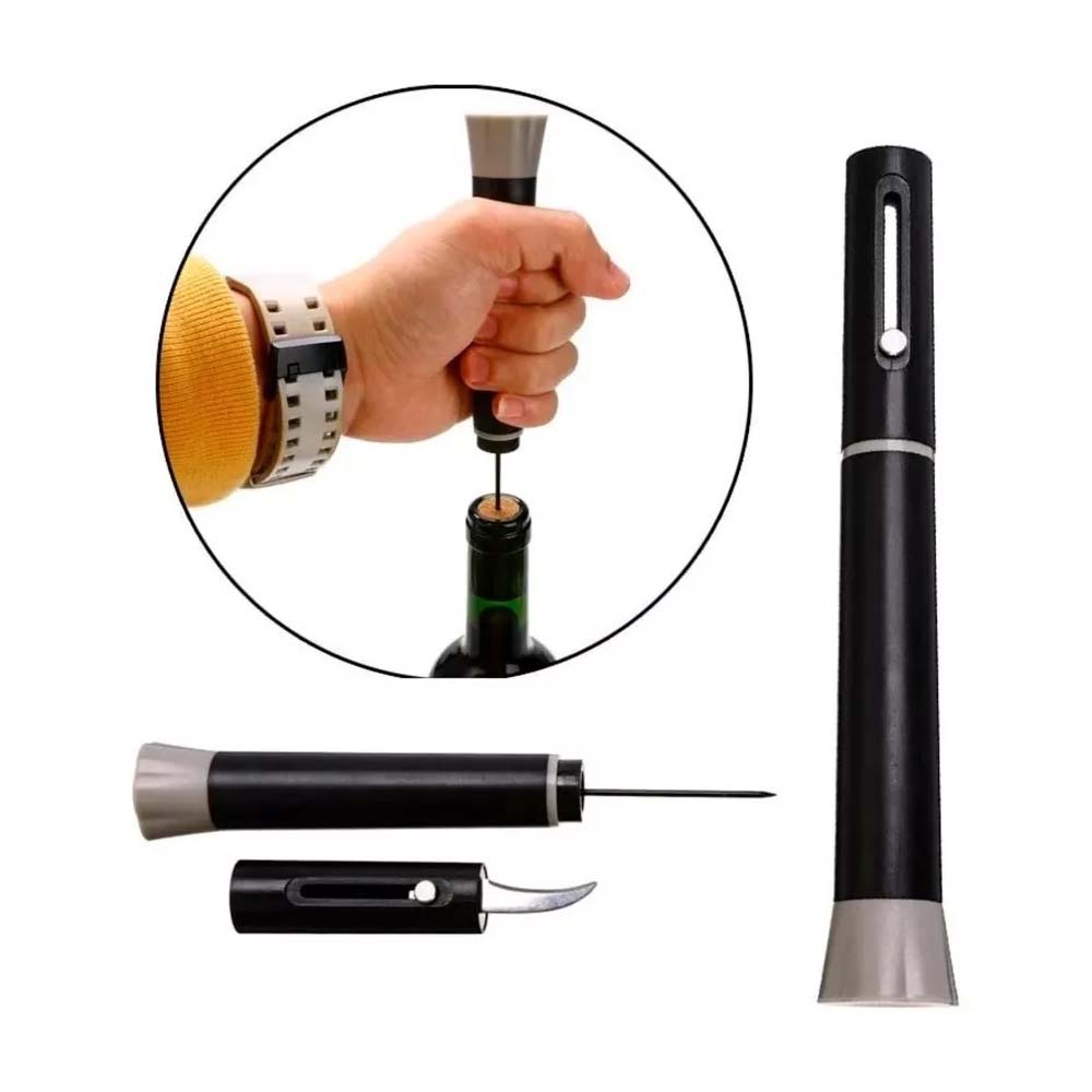 Sacacorchos de presión de aire eléctrico, negro, con detalles grises, para botellas de vino.