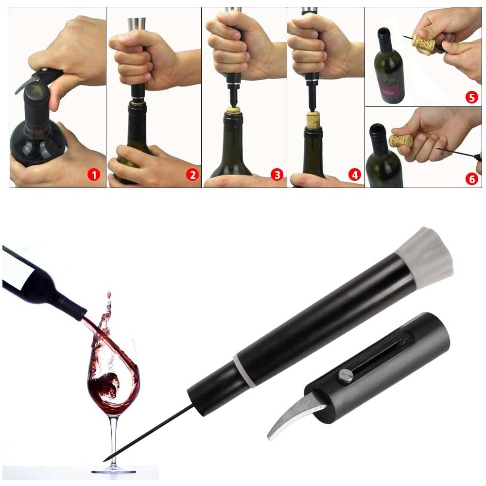 Sacacorchos de presión de aire para vino, con afilador y vertedor, en set de uso.