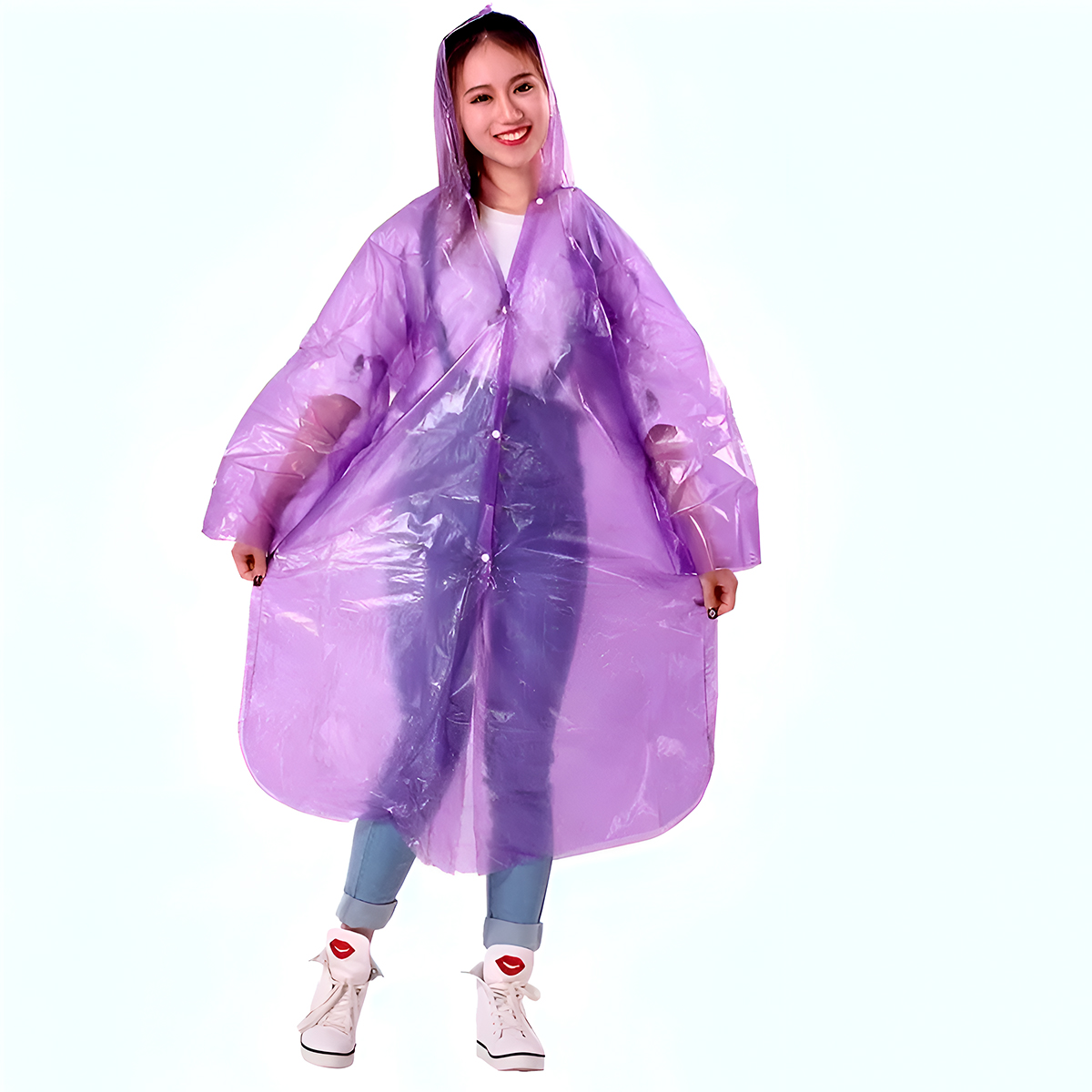 Impermeable infantil morado transparente tipo capa poncho con capucha, cierre de botones, para niños.
