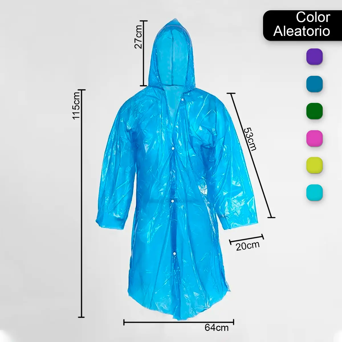 Impermeable azul infantil tipo poncho, con medidas indicadas.