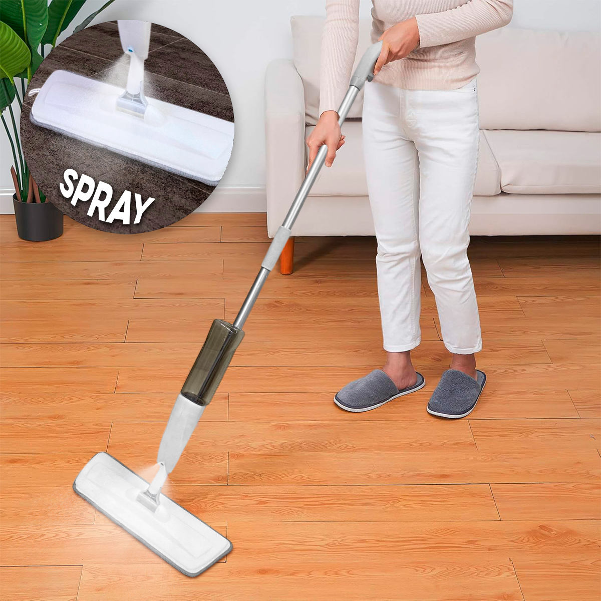 Trapeador con spray 360 mopa, ideal para limpiar pisos de madera. Persona usando trapeador con contenedor transparente.
