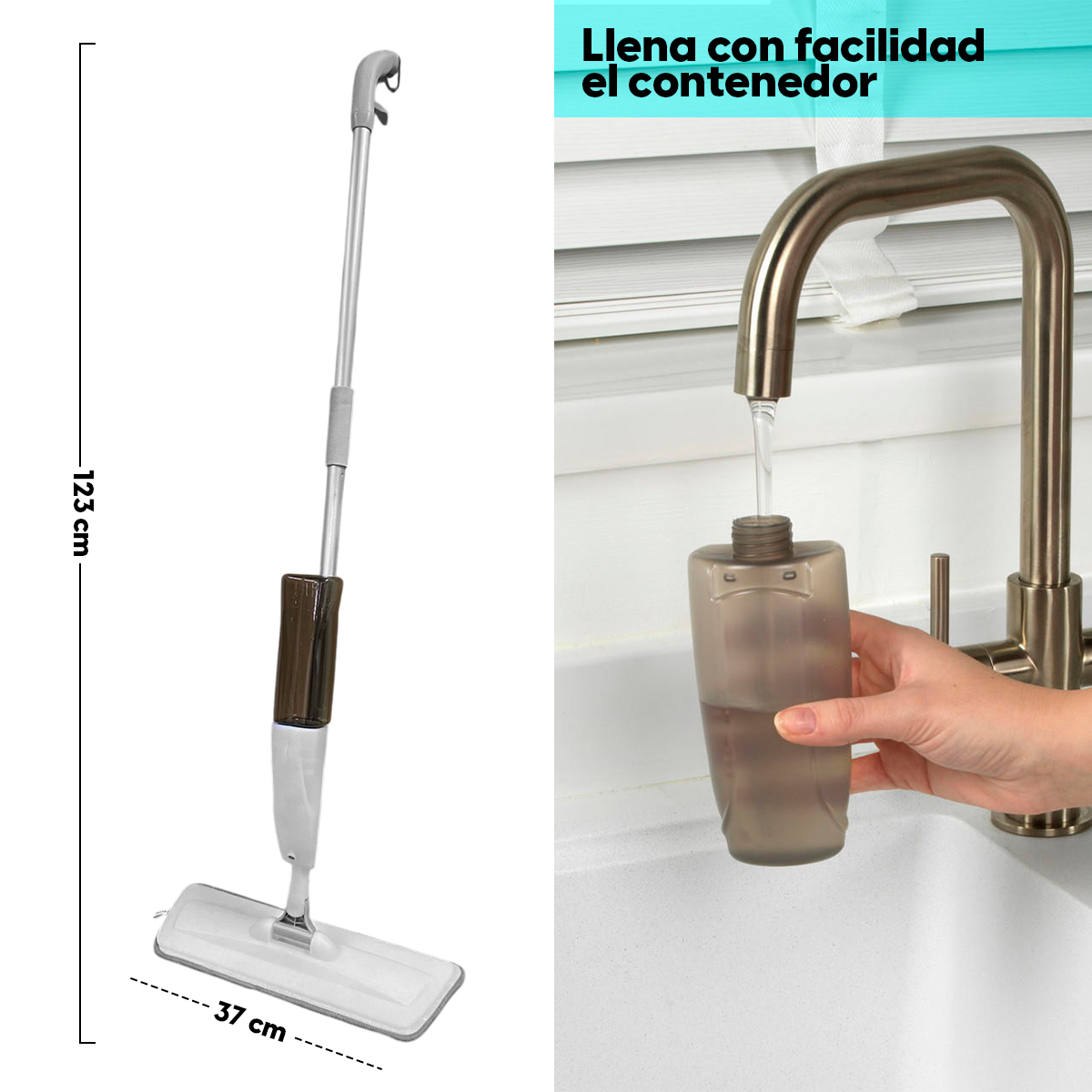 Trapeador con spray 360 ps-3, alto 123 cm, ancho mopa 37 cm, llenando contenedor bajo grifo.