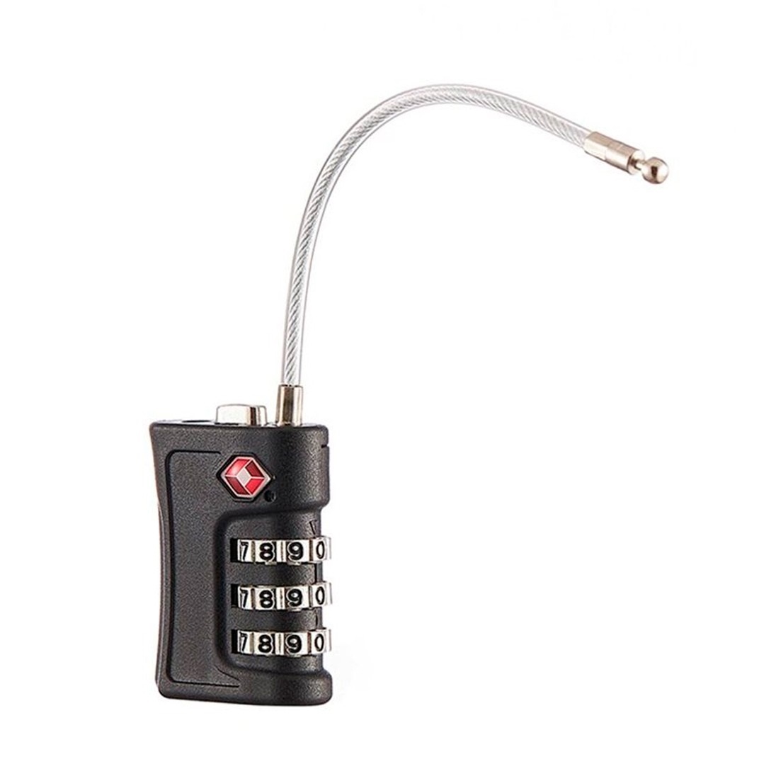 Candado TSA negro con cable metálico flexible y 3 diales plateados para equipaje.