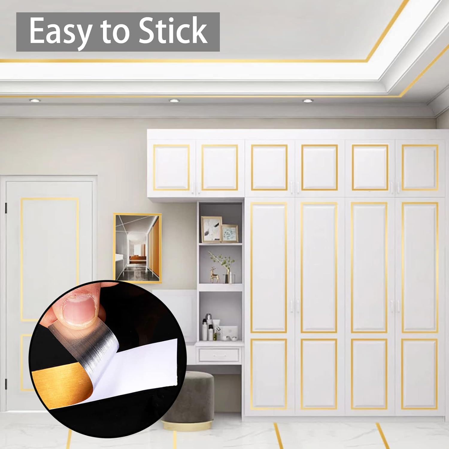 Cinta adhesiva dorada brillante de 12mm para decorar paredes y muebles, fácil de pegar.