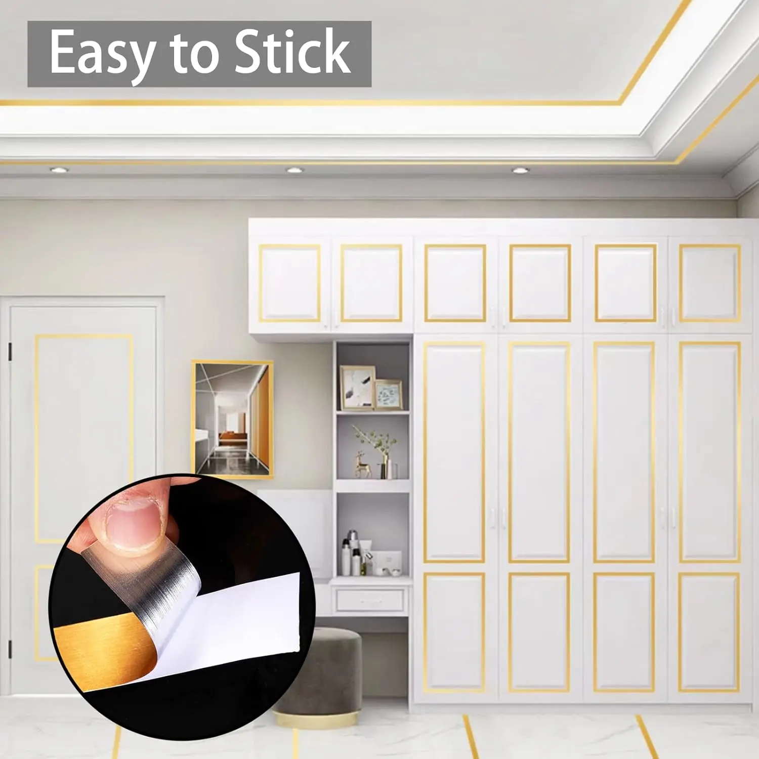 Cinta adhesiva dorada brillante de 12mm para decorar paredes y muebles, fácil de pegar.