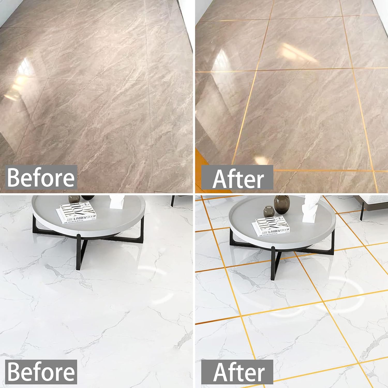 Cinta adhesiva dorada 12mm realza juntas de baldosas en pisos de mármol claro y beige.