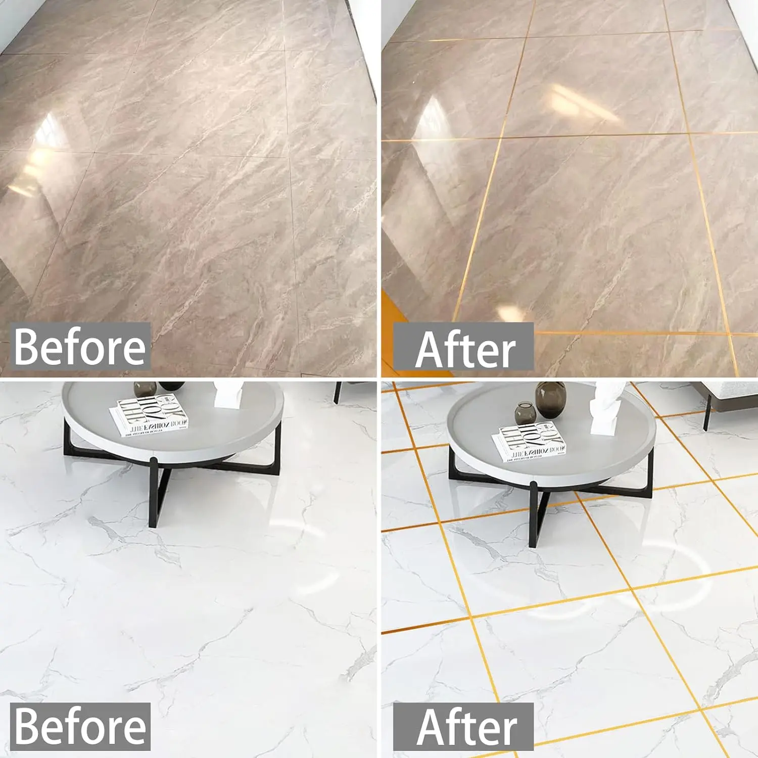 Cinta adhesiva dorada 12mm realza juntas de baldosas en pisos de mármol claro y beige.