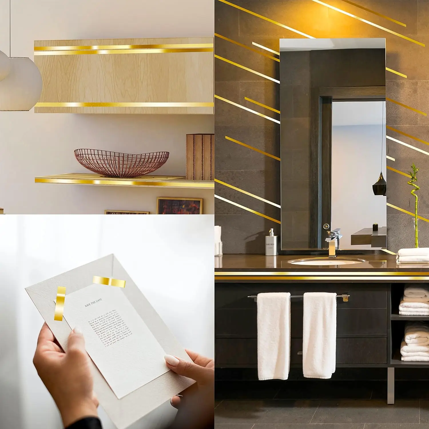 Cinta adhesiva dorada 12mm en estantes, espejo de baño y tarjetas, ideal para decorar.