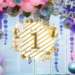 Decoración de cumpleaños número 1 con globos dorados, blancos y rosas, regalos y guirnaldas.