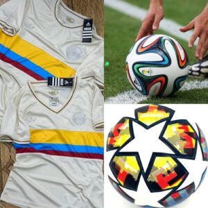 Conjunto de camisetas de fútbol Adidas Colombia (M), balón Brazuca Mundial 2014 y balón Champions League.