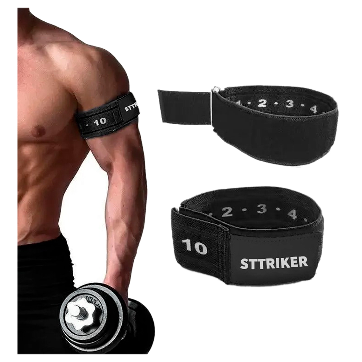 Banda de oclusión STTRIKER negra para brazo, con marcas de 1 a 4, usada por hombre con pesa.