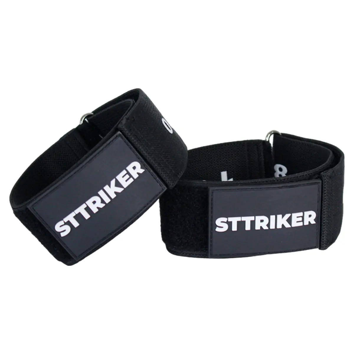 Bandas de oclusión muscular STTRIKER negras para brazos, con logo blanco, ajustables con velcro.