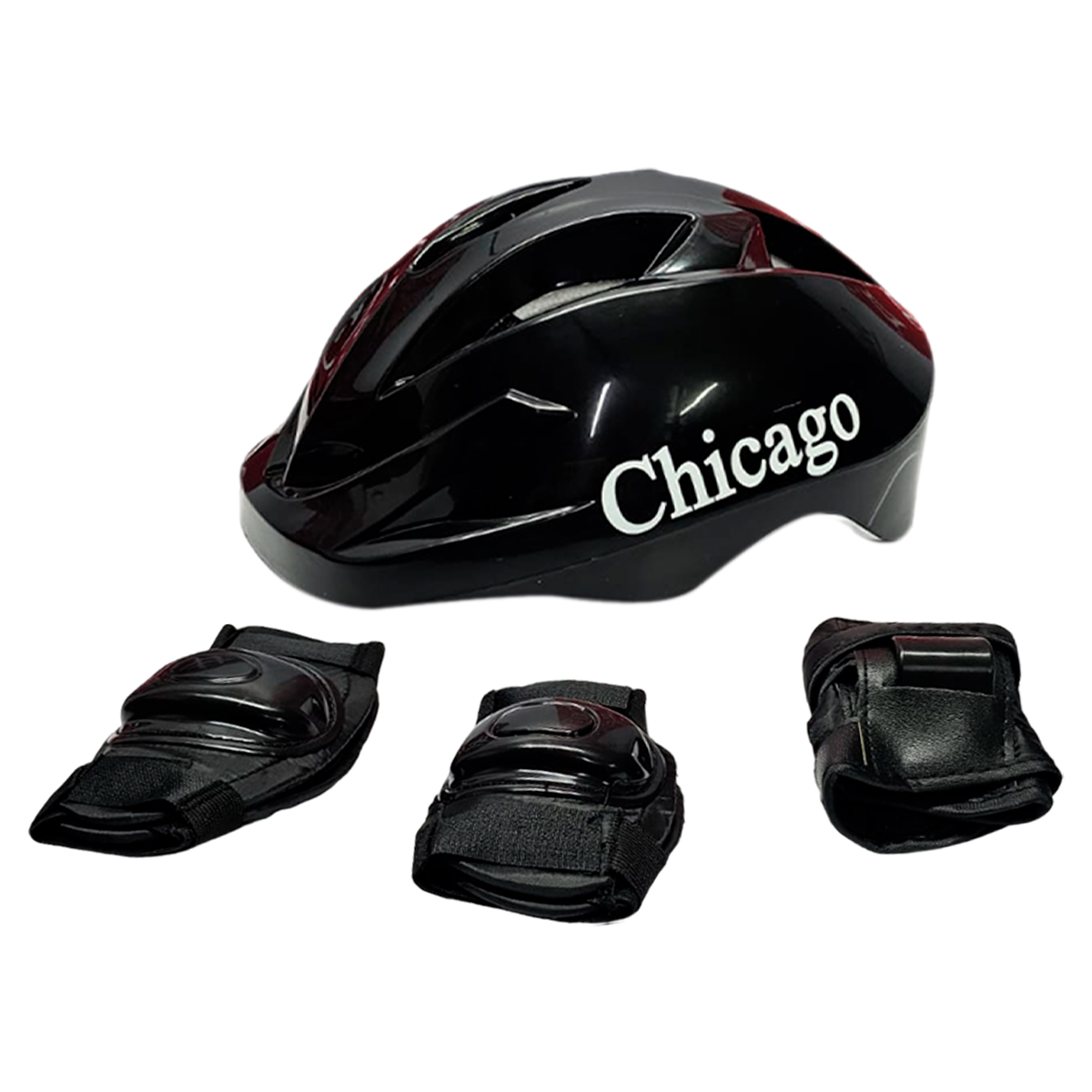 Casco negro brillante "Chicago" para patinaje infantil con rodilleras y coderas ajustables.