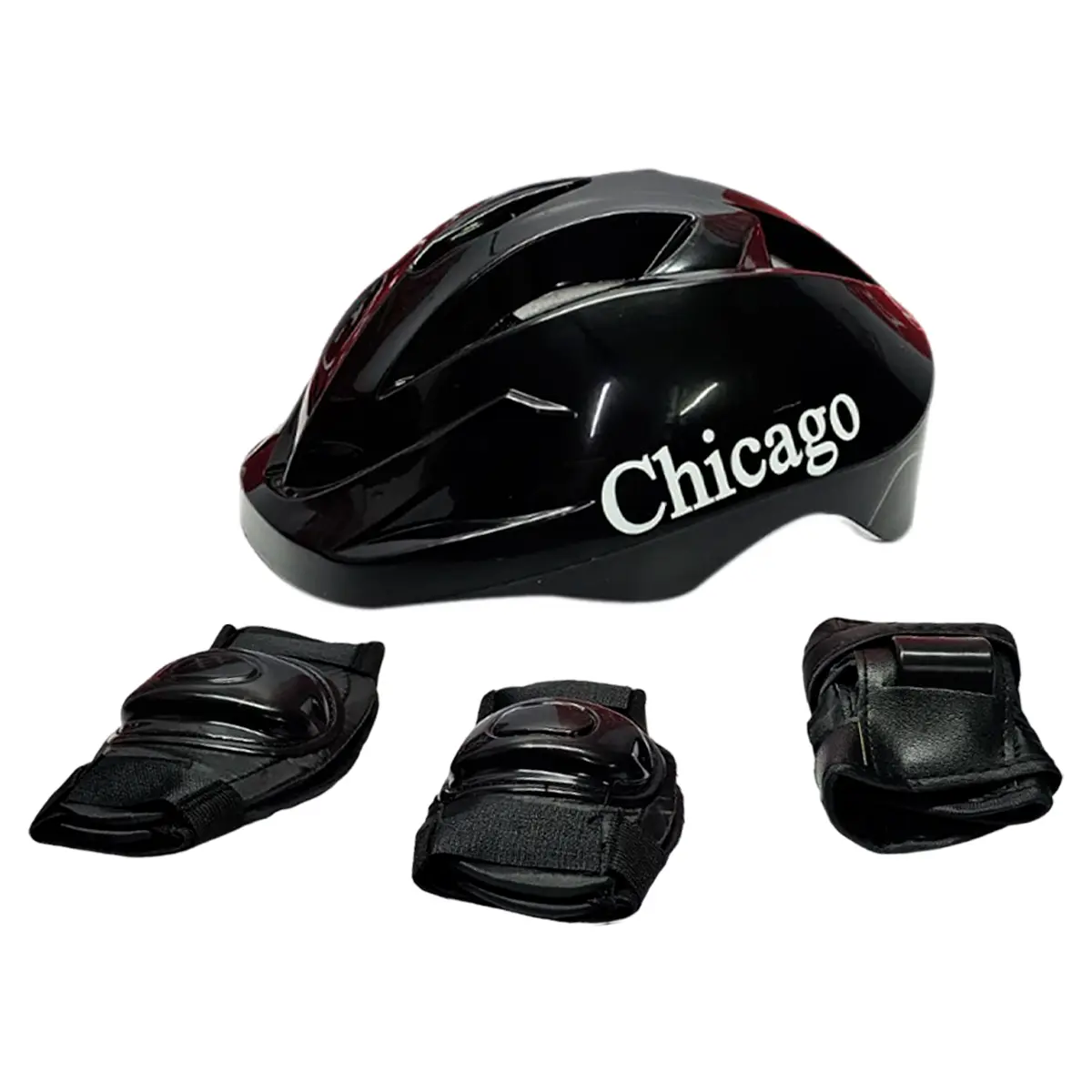 Casco negro brillante "Chicago" para patinaje infantil con rodilleras y coderas ajustables.