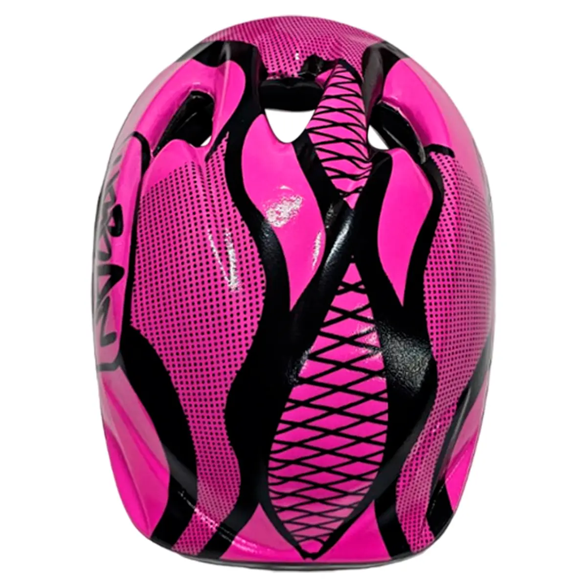 Casco de patinaje infantil rosa con diseño de puntos negros y llamas, ajustable.