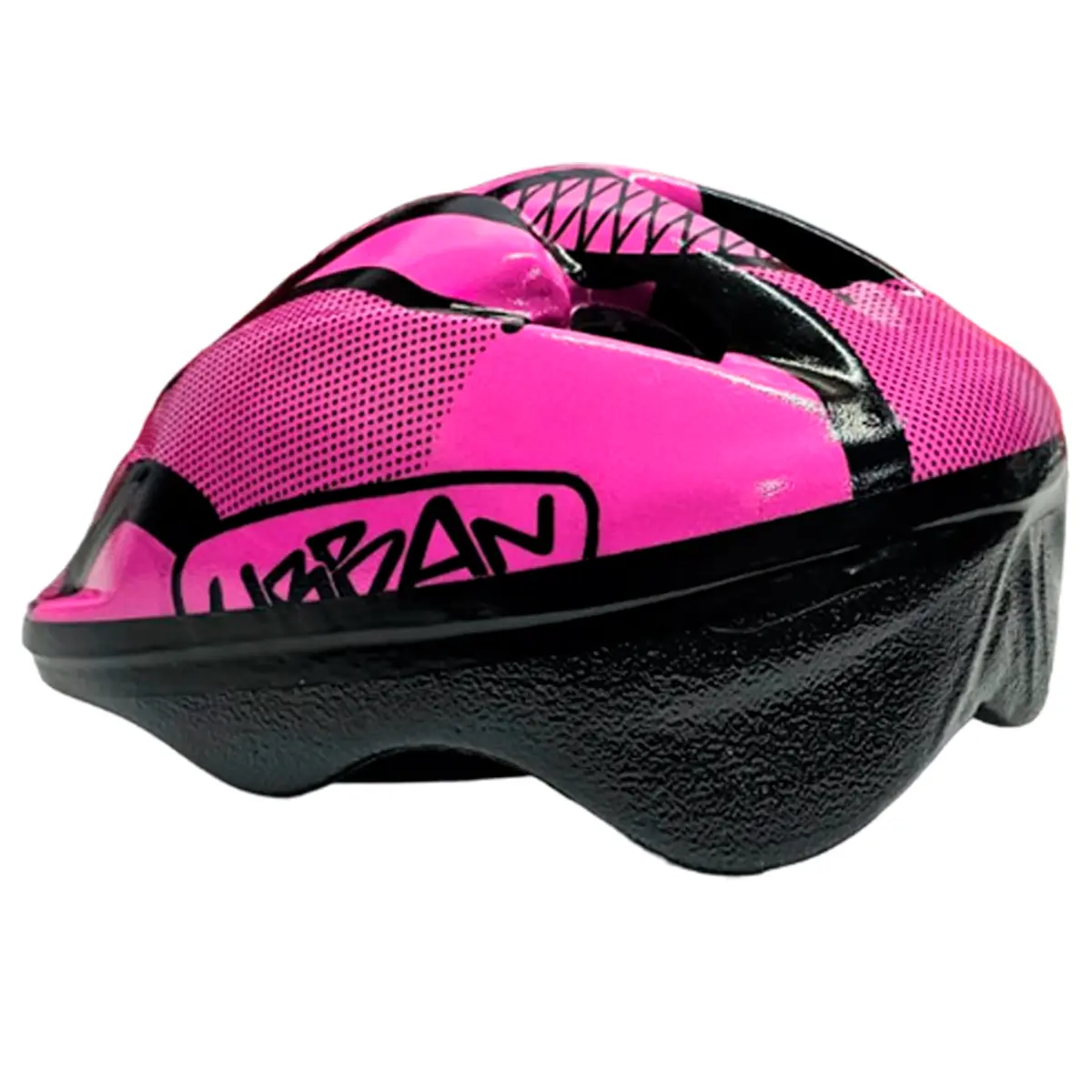 Casco de patinaje infantil rosa brillante con diseño "URBAN" y detalles negros, ajustable.