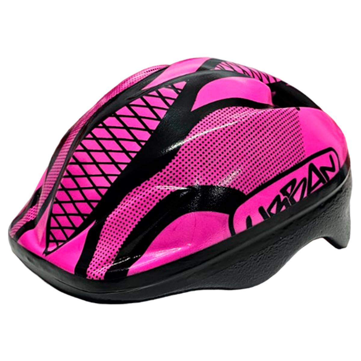 Casco de patinaje infantil rosa brillante con diseño negro de líneas y puntos, marca "URBAN".