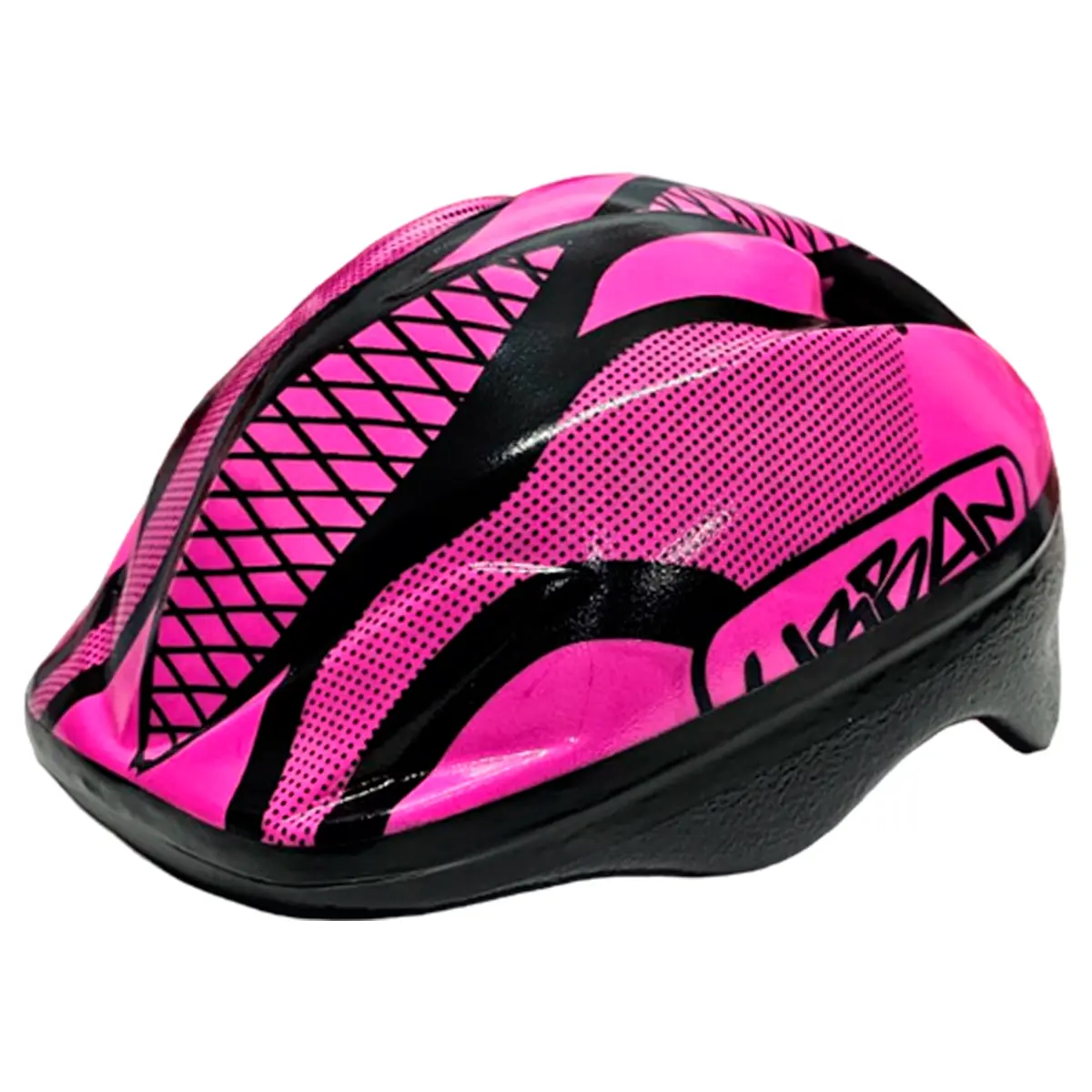 Casco de patinaje infantil rosa brillante con diseño negro de líneas y puntos, marca "URBAN".