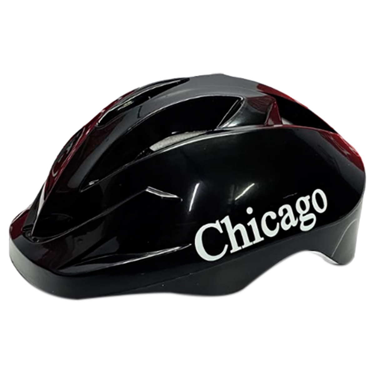Casco de patinaje negro brillante para niños con logo blanco "Chicago", ajustable y ventilado.