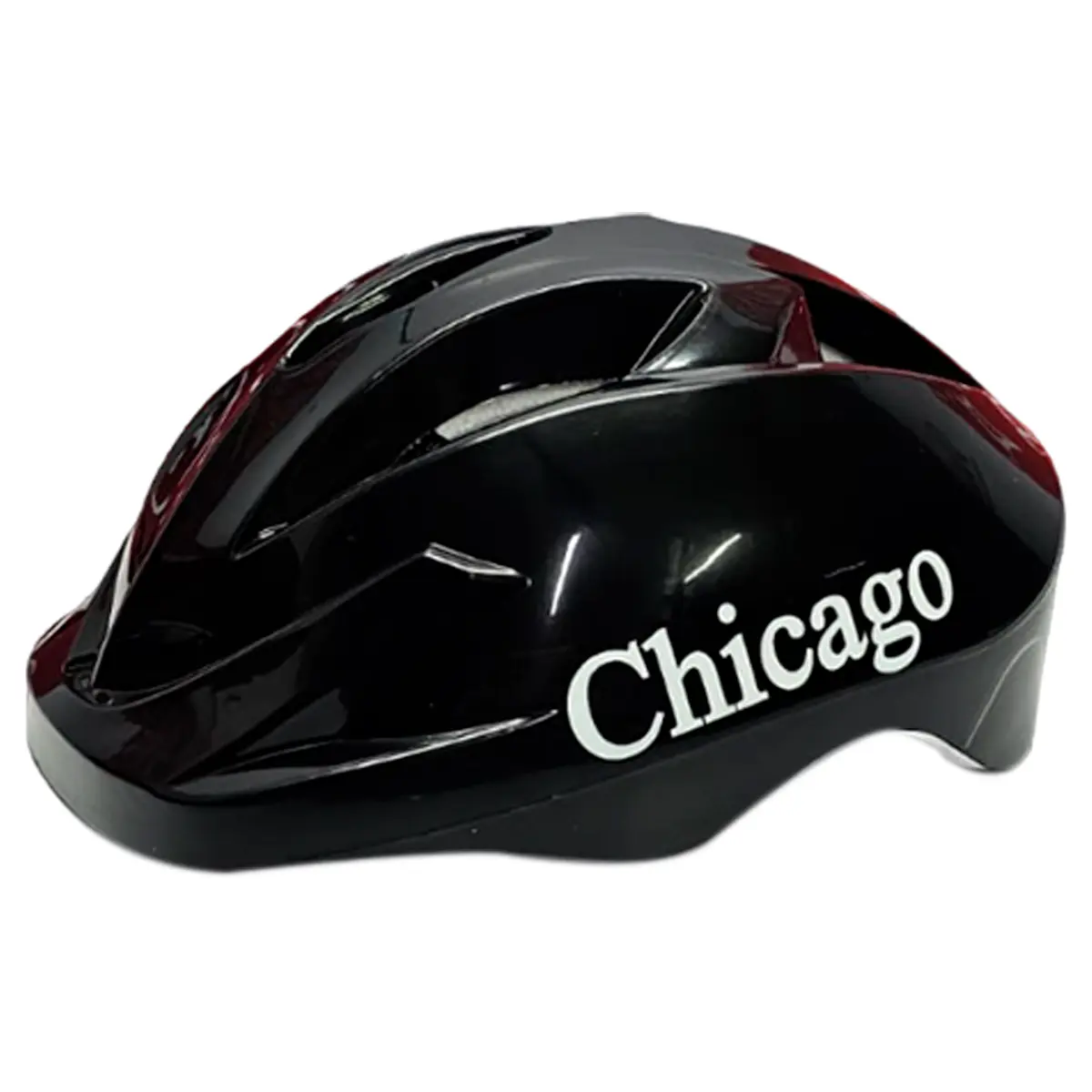 Casco de patinaje negro brillante para niños con logo blanco "Chicago", ajustable y ventilado.