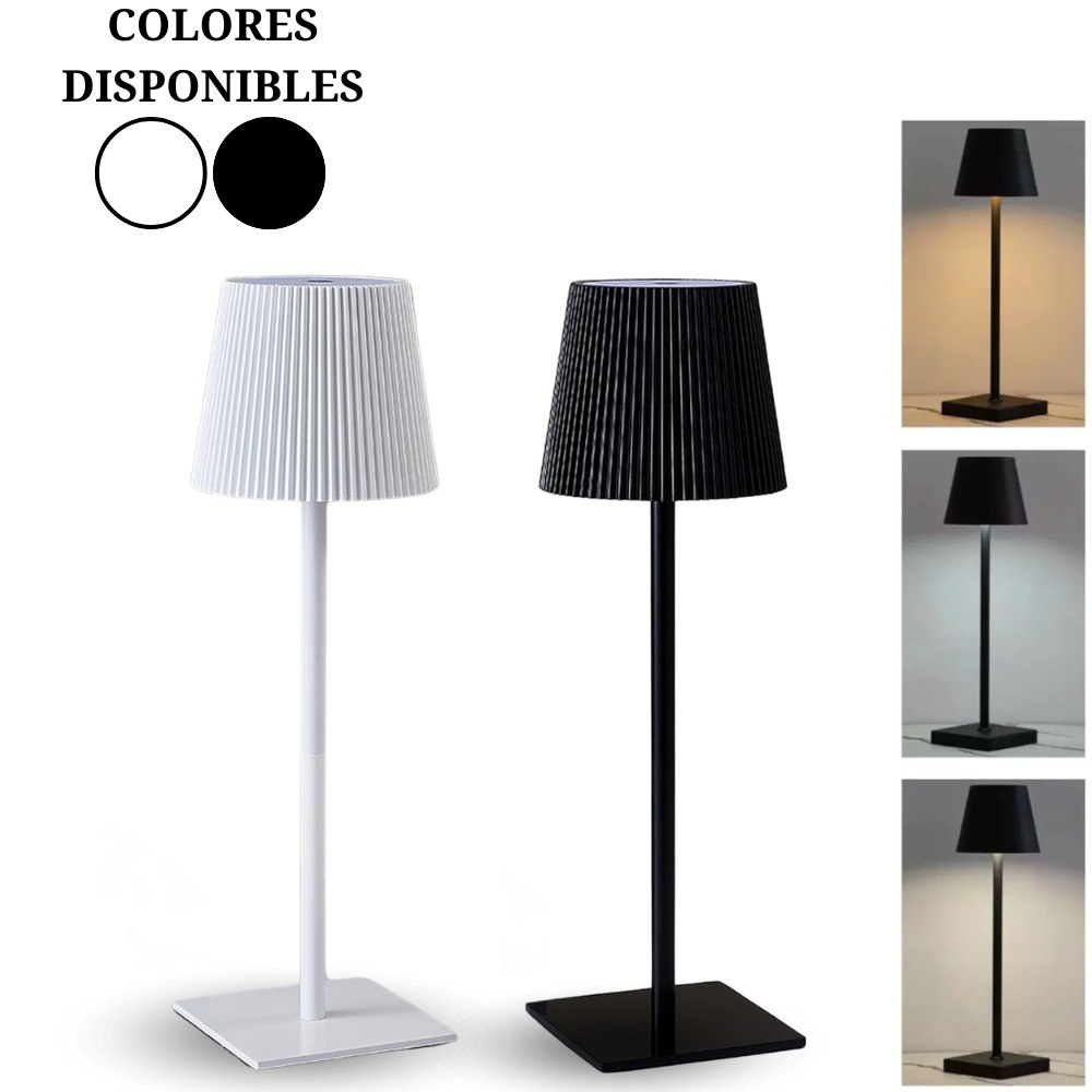 Lámpara LED recargable minimalista, versión blanca y negra. Base cuadrada metálica, pantalla acanalada.