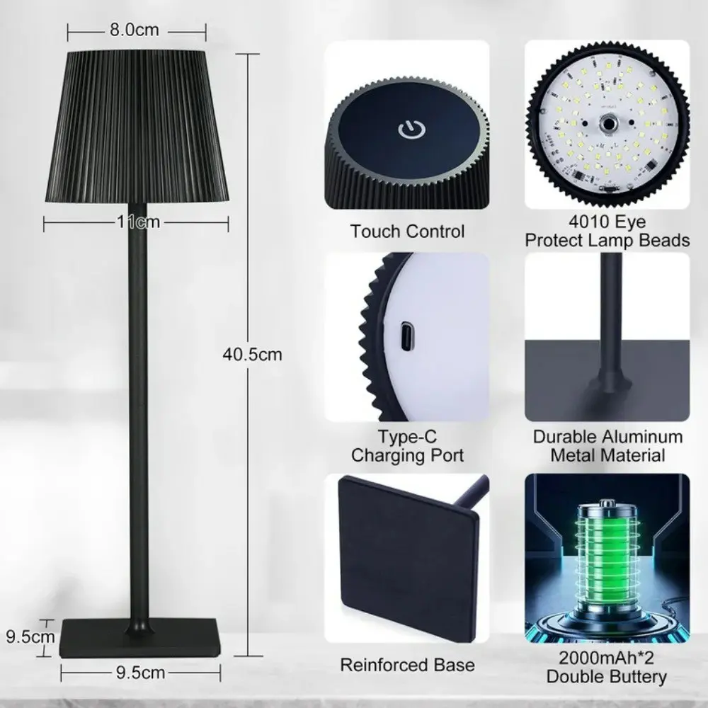 Lámpara LED negra minimalista 40.5cm de altura, control táctil, puerto Tipo-C, metal duradero, base reforzada.