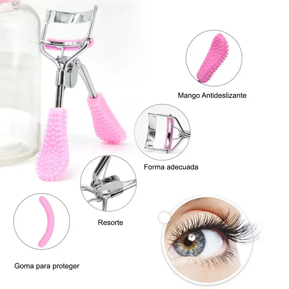 Encrespador de pestañas manual con mangos texturizados rosados antideslizantes, resorte y goma protectora.