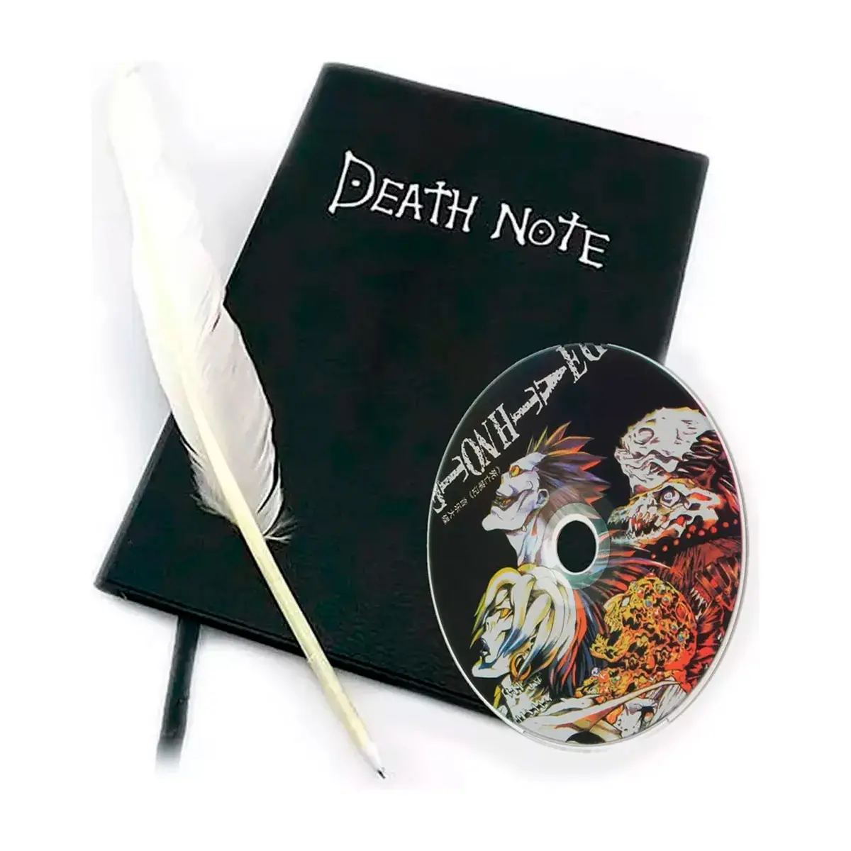 Libreta negra "Death Note" con pluma blanca y disco CD de la banda sonora del live-action, vista superior.
