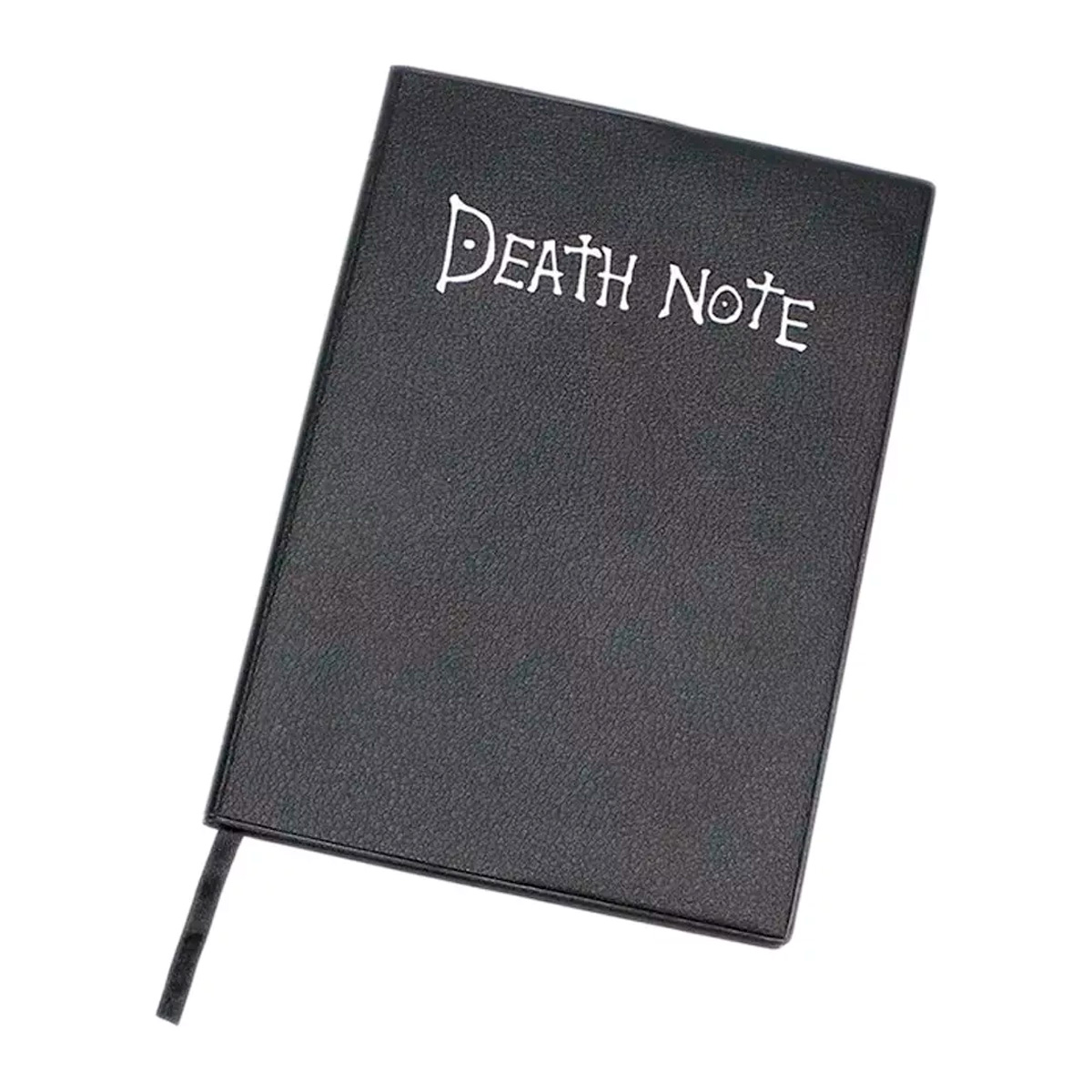 Libreta negra "Death Note" con texto blanco y cinta marcadora, estilo cuero.