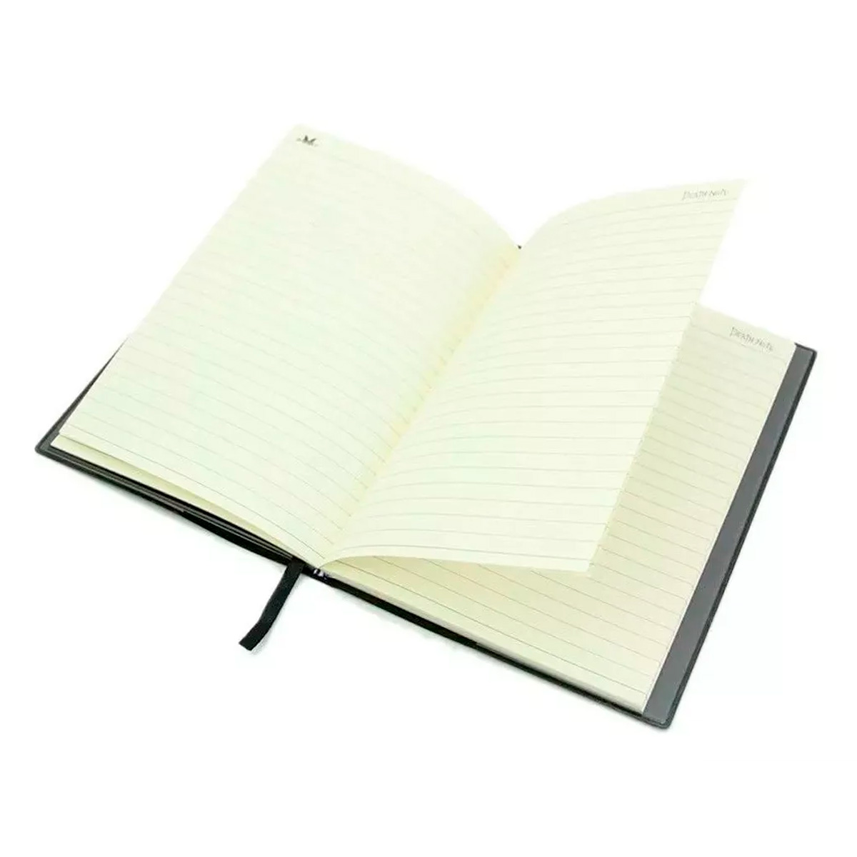 Libreta negra con hojas rayadas, abiertas, vista desde arriba, con marca "Death Note".