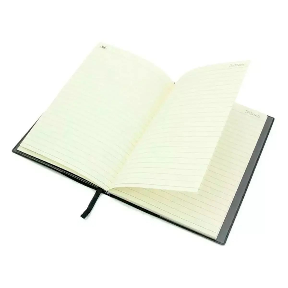 Libreta negra con hojas rayadas, abiertas, vista desde arriba, con marca "Death Note".