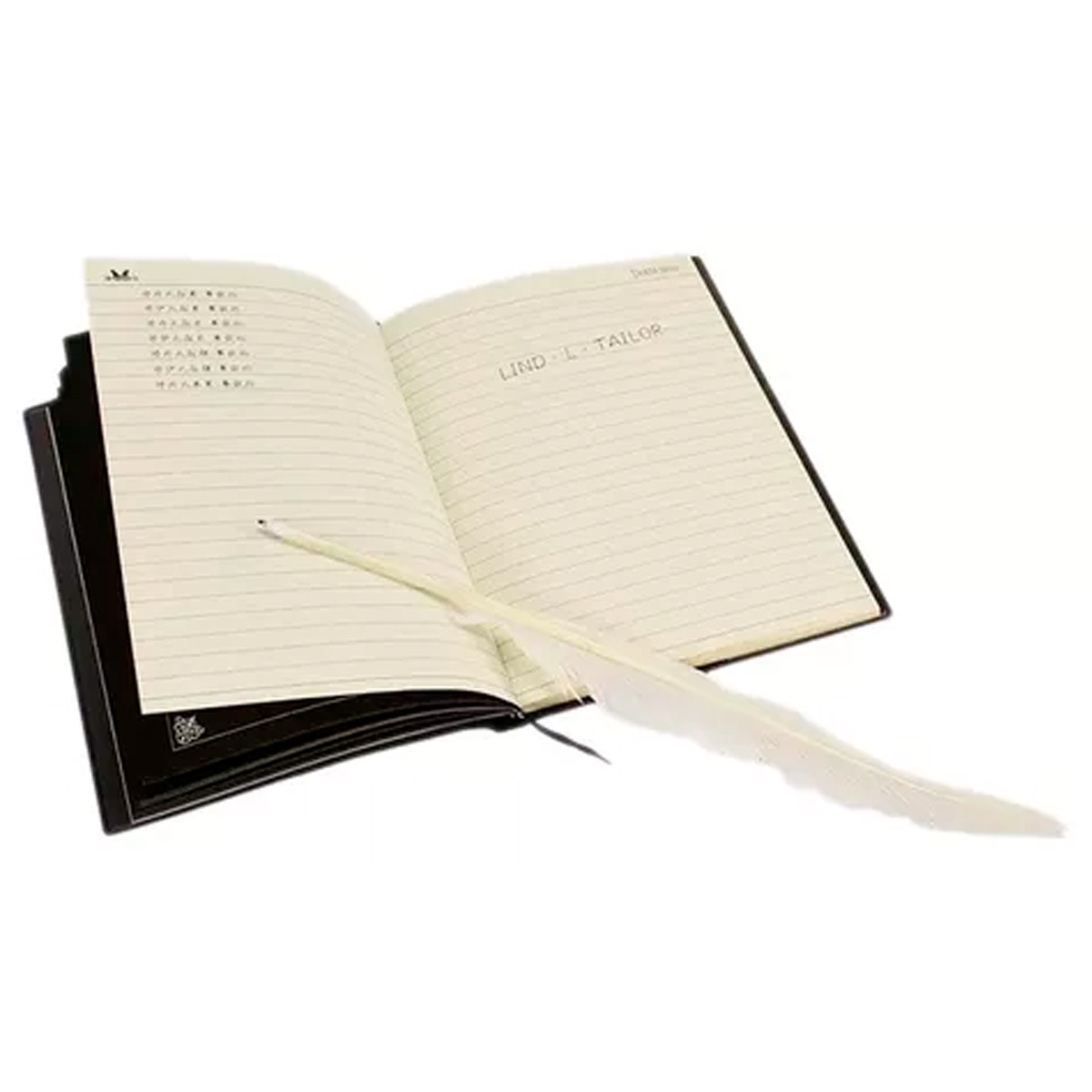 Libreta negra tipo Death Note abierta con pluma blanca de ave, texto "LIND TAILOR" y CD OST Live.
